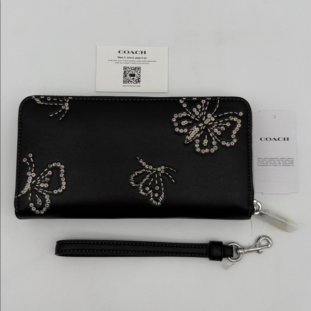 Coach Long Zip Around Wallet With Butterfly Print Black Silver - Picture 2 of 15